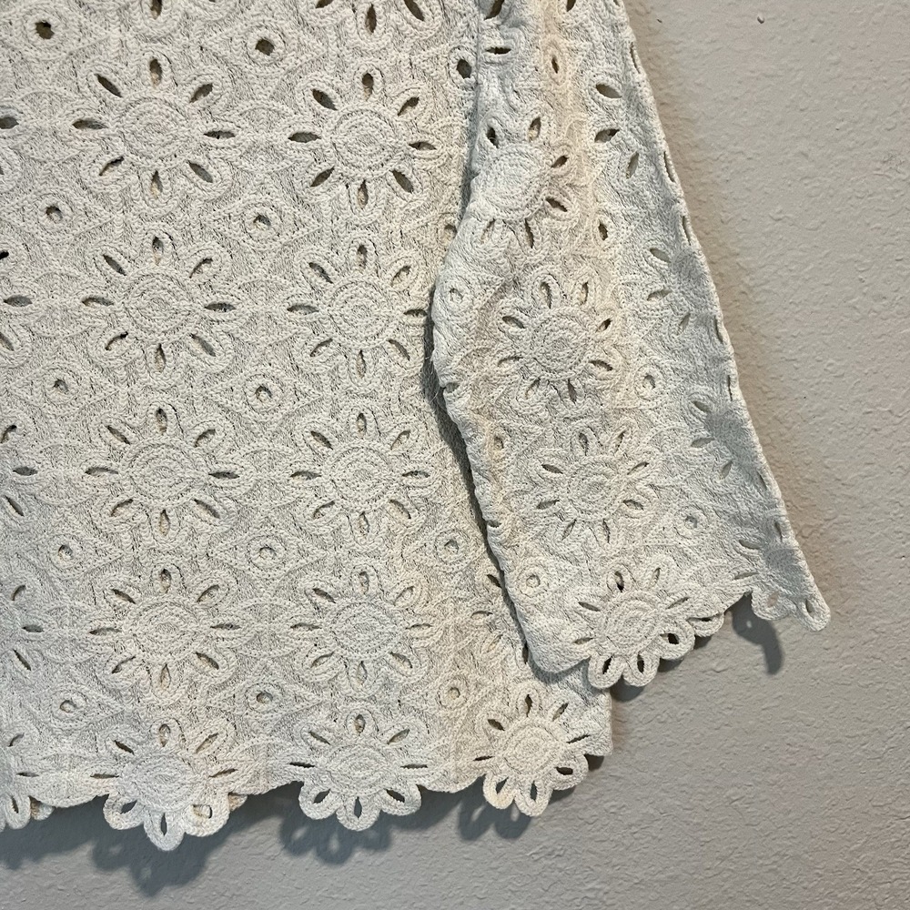 J. Jill Women's Barley Crochet Top Petite S Cream Floral Eyelet 3/4 Slv Cottage - Picture 3 of 8